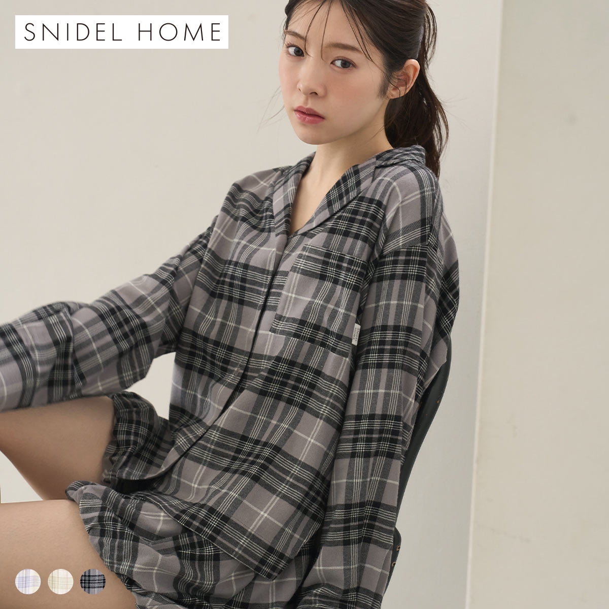 スナイデルホーム チェック柄開襟シャツ ルームウェア パジャマ SNIDEL HOME(BK-ブラック-Free)
