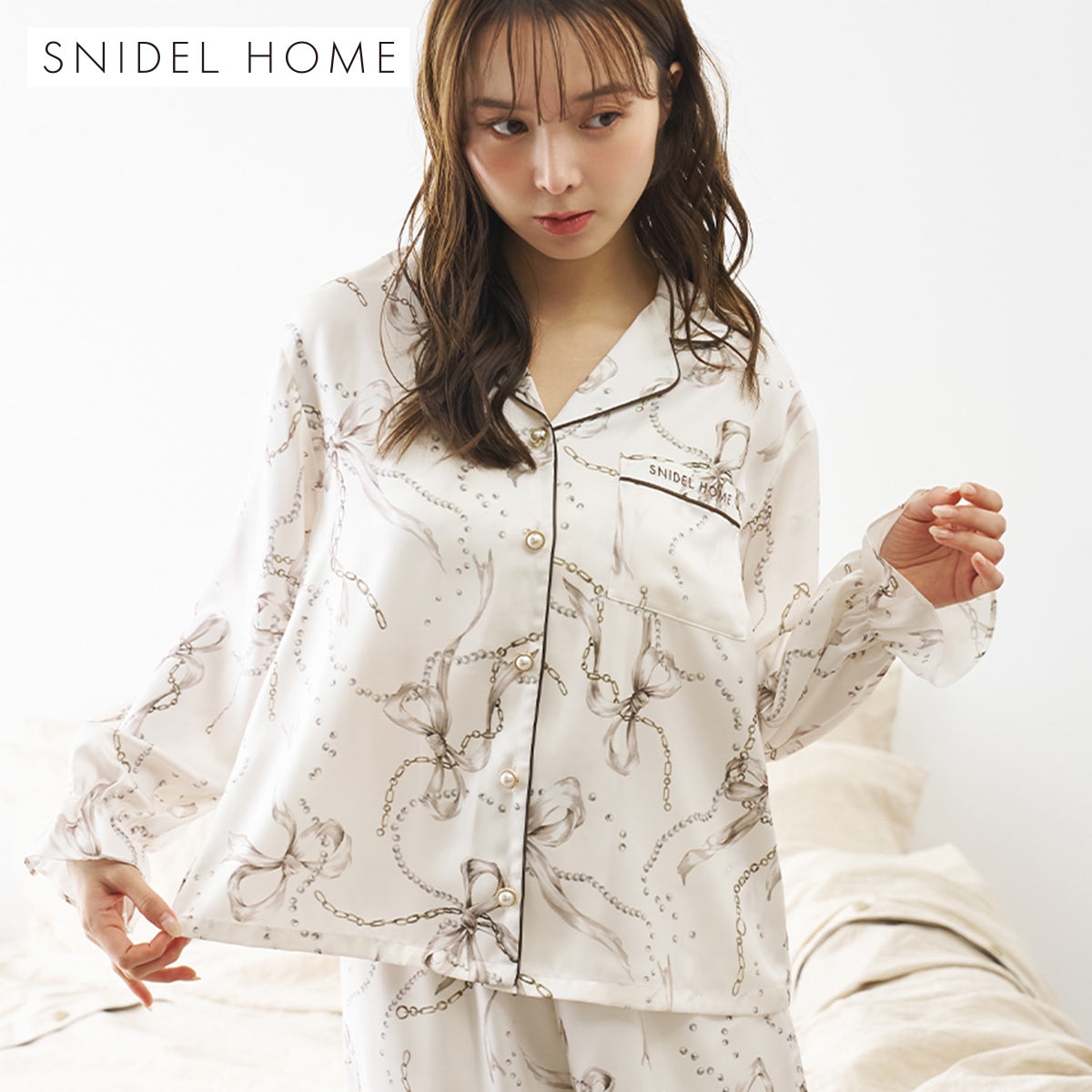 スナイデルホーム リボンチェーン開襟シャツ ルームウェア パジャマ SNIDEL HOME(IV-アイボリー-Free)