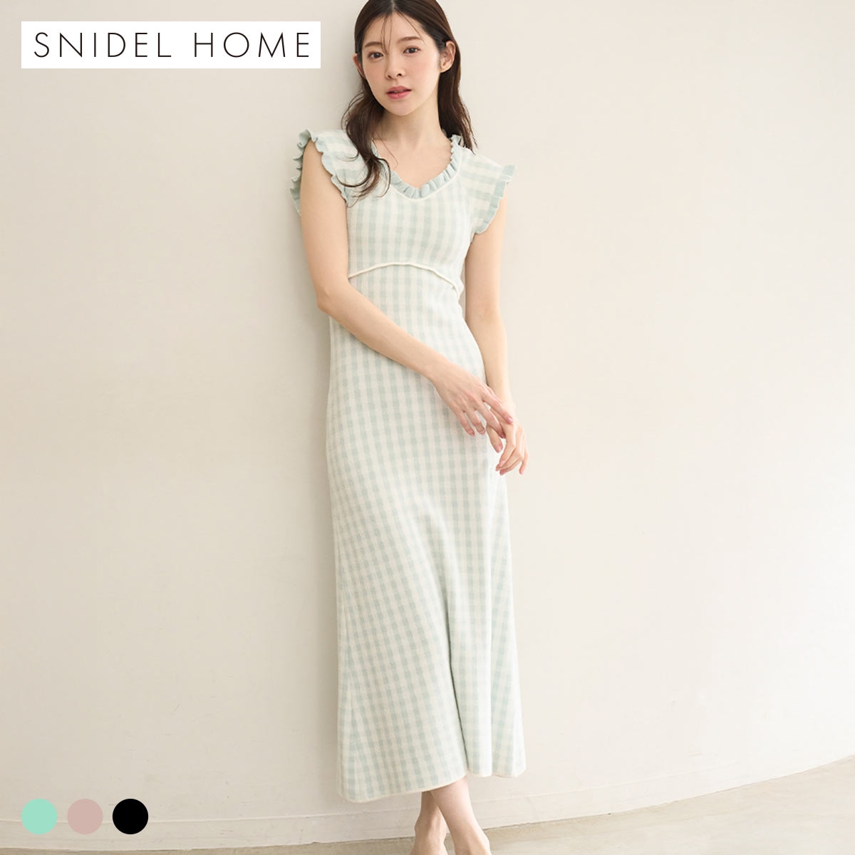 スナイデルホーム ギンガムフリルニットワンピース カップイン パッド付き ルームウェア パジャマ SNIDEL HOME(MI-ミント-Free)