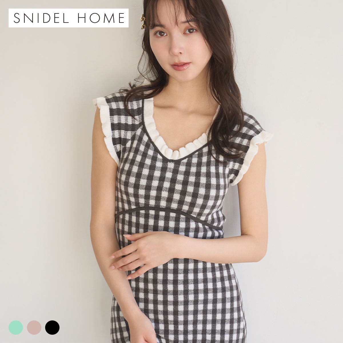 スナイデルホーム ギンガムフリルニットワンピース カップイン パッド付き ルームウェア パジャマ SNIDEL HOME(BK-ブラック-Free)