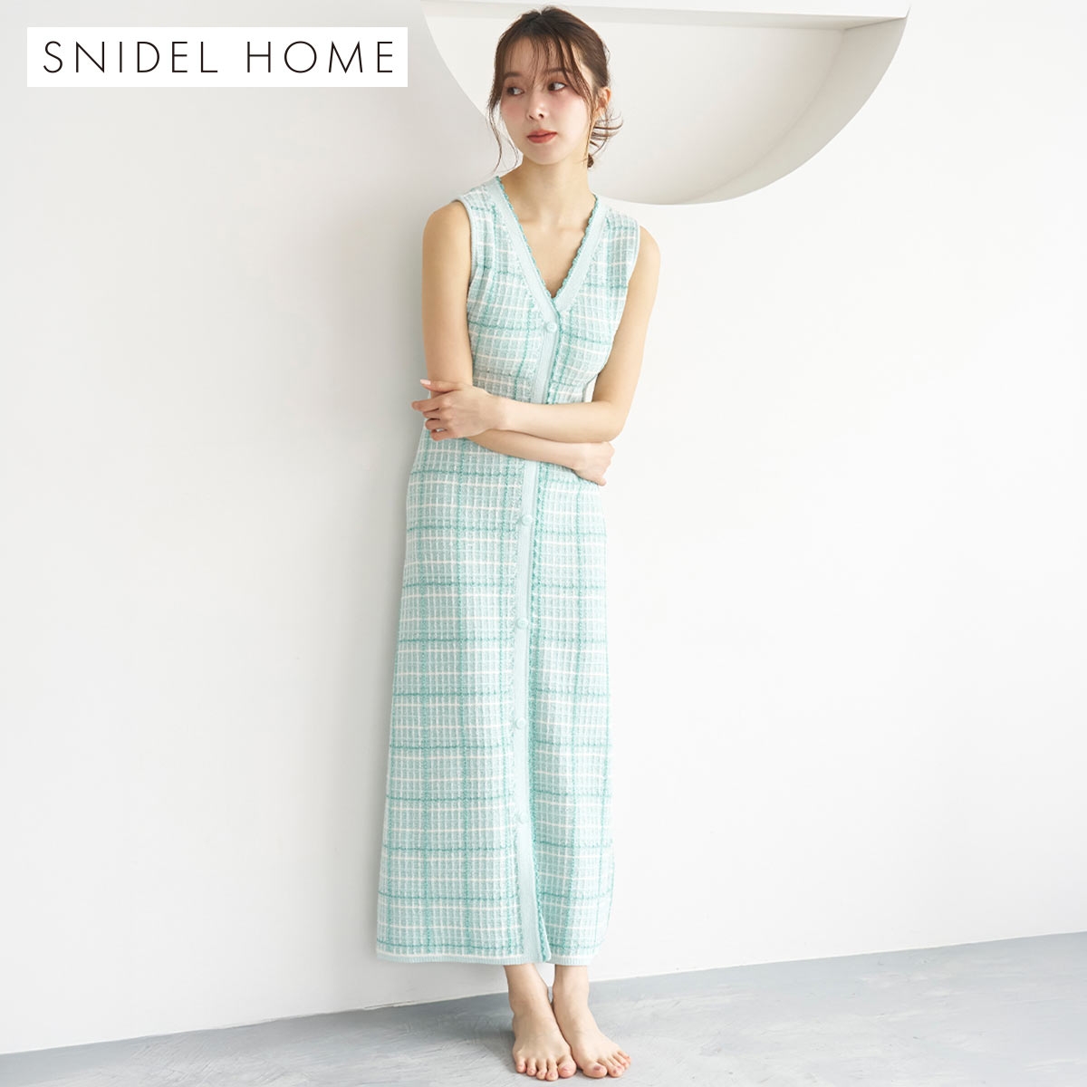 スナイデルホーム ラメツイードワンピース カップイン パッド付き パジャマ ルームウェア SNIDEL HOME(GR-グリーン-Free)