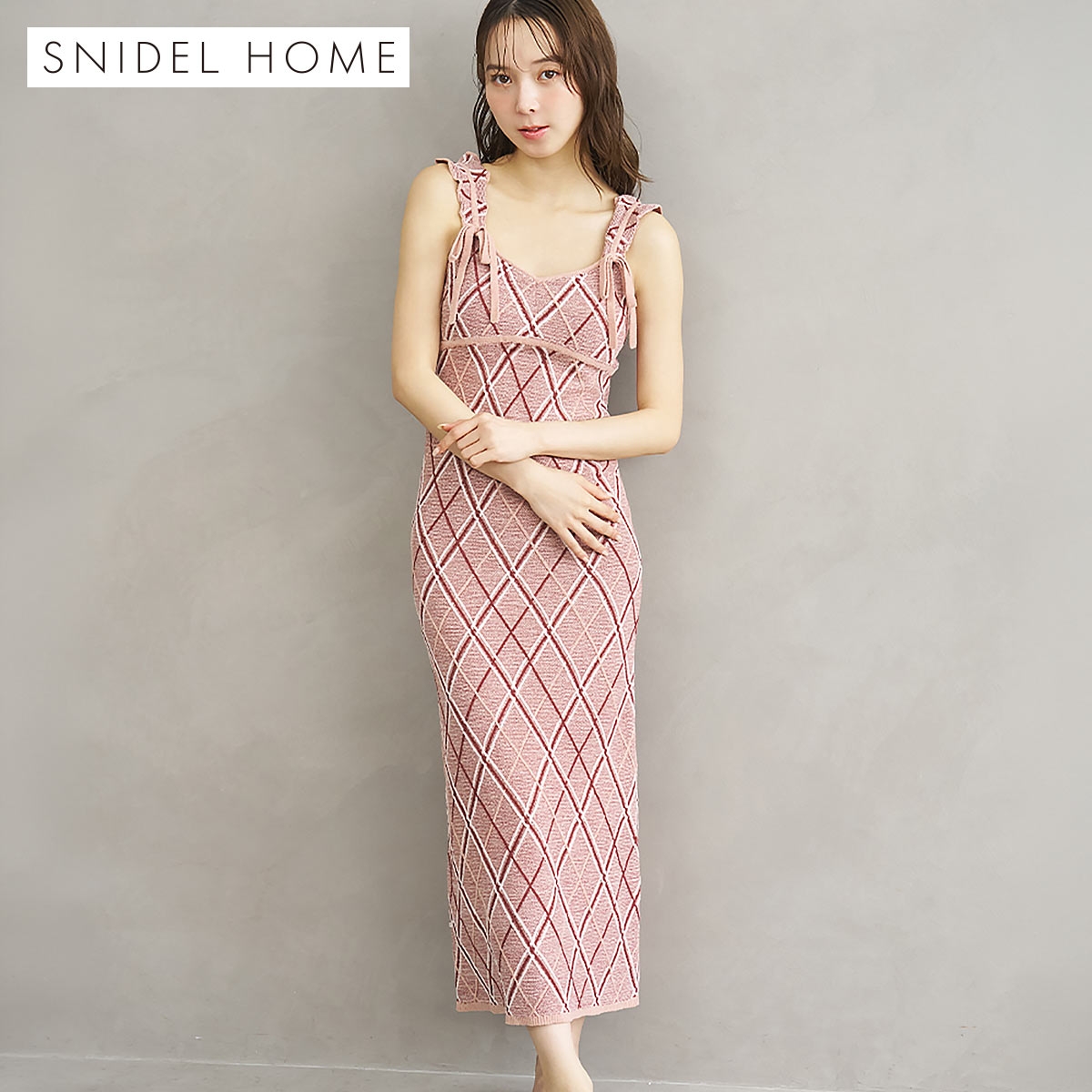 スナイデルホーム ニットチェックワンピース カップイン パッド付き パジャマ ルームウェア SNIDEL HOME(PI-ピンク-Free)