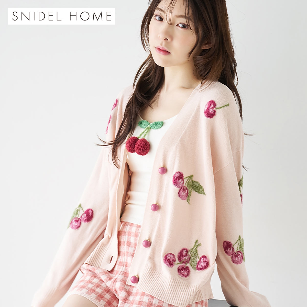 スナイデルホーム チェリージャガードカーディガン ルームウェア パジャマ SNIDEL HOME(PI-ピンク-Free)