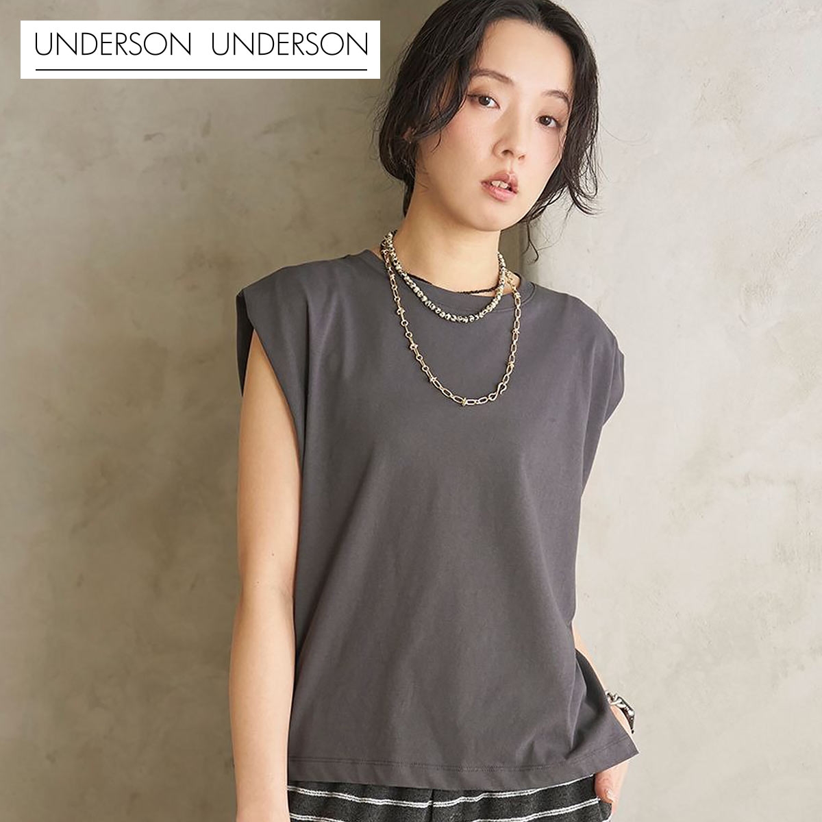 アンダーソンアンダーソン Sheer WASHI Tee フレンチスリーブ UNDERSON UNDERSON(CGY-チャコールグレー-Free)