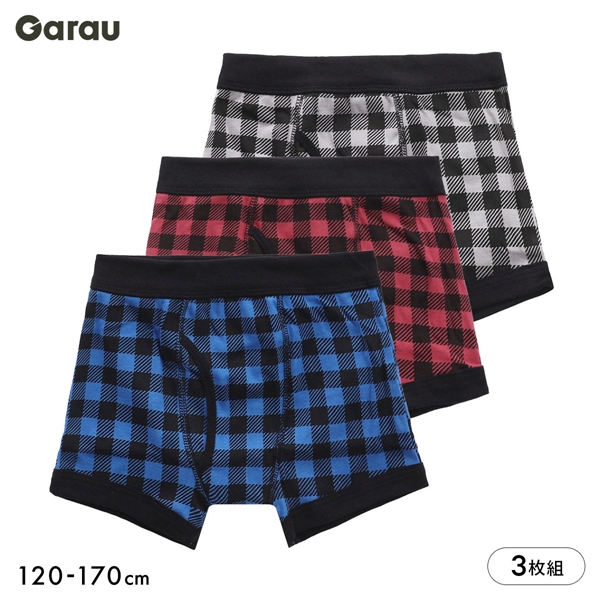 ガロー Garau ボクサーパンツ キッズ ジュニア 男の子 綿100％ 前開き 3枚セット チェック 120 130 140 150 160 170