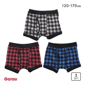 ガロー Garau ボクサーパンツ キッズ ジュニア 男の子 綿100％ 前開き 3枚セット チェック 120 130 140 150 160 170