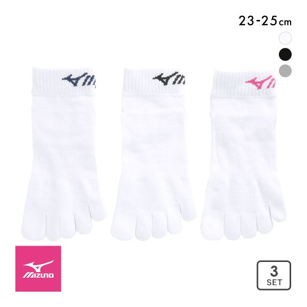 ミズノ MIZUNO ソックス スニーカー丈 靴下 3足組 5本指 白 黒 レディース 23-25cm