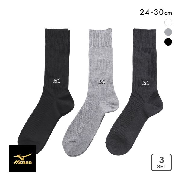 ミズノ MIZUNO ソックス 靴下 クルー丈 3足組 リブ 刺繍 高耐久 サポート メンズ 24-26cm 26-28cm 28-30cm