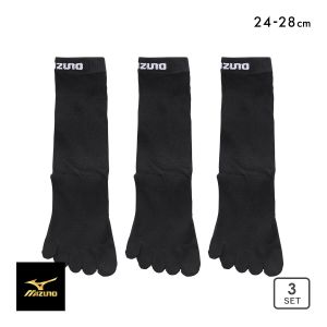 ミズノ MIZUNO ソックス 靴下 クルー丈 5本指 3足組 黒 ロゴ サポート メンズ 24-26cm 26-28cm