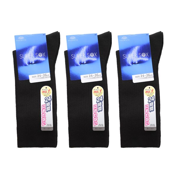 スーパーソックス  3足セット リブ柄 クルー丈 ムレない におわない 靴下 24-26cm 26-28cm SUPER SOX
