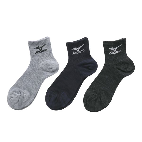 ミズノ MIZUNO ワーク 強靭フィット ソックス 靴下 三足組 杢無地 ロゴ入り ショート丈 メンズ 24-26cm 26-28cm