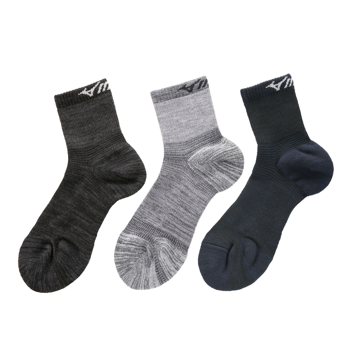 ミズノ MIZUNO ワーク ソックス 防寒フィット 足首ウォーム設計 杢無地ロゴ 三足組 ショート丈 メンズ 24-26cm 26-28cm(Set-24-26cm)