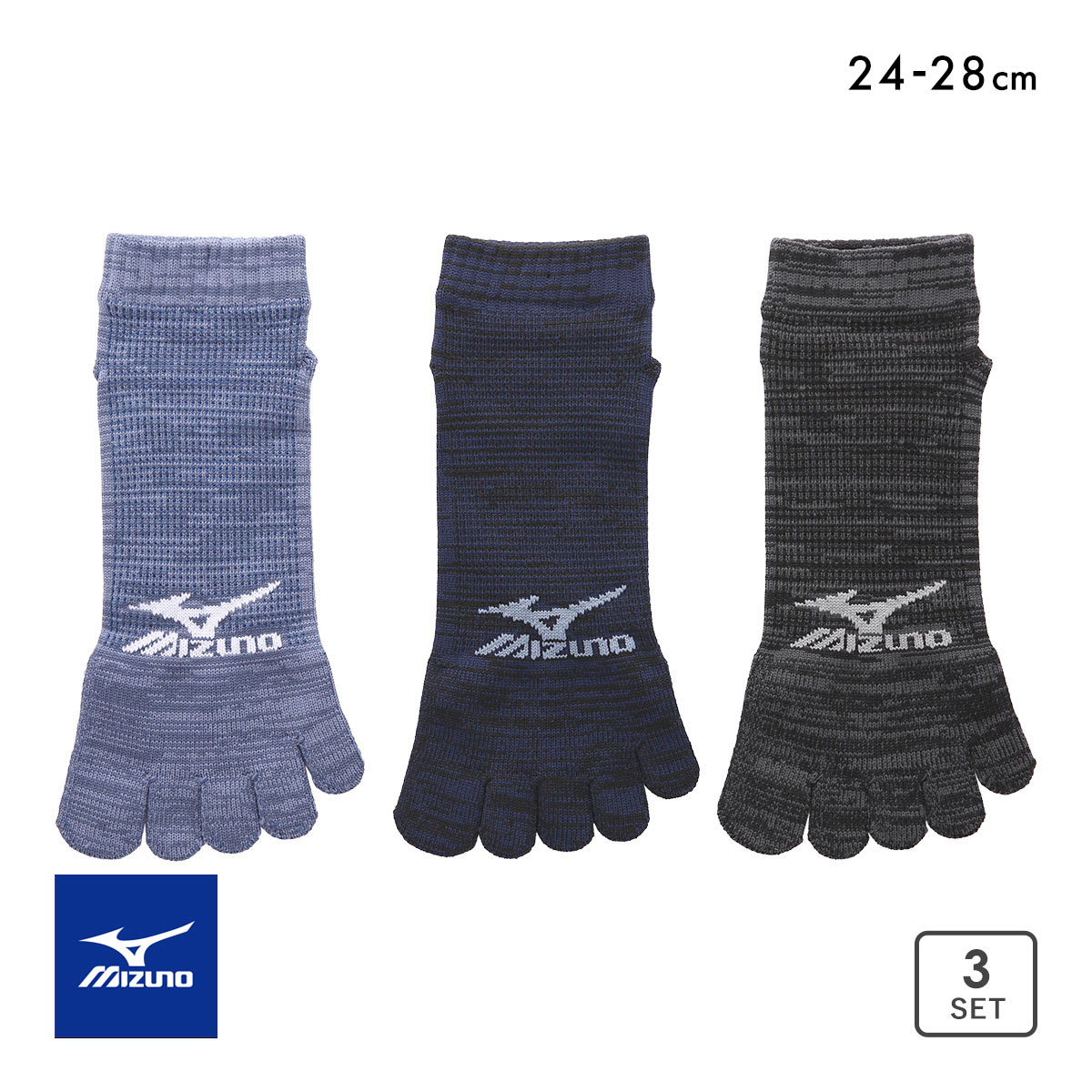 ミズノ DRY 5本指ソックス ショート丈 3足セット 速乾 甲メッシュ 通気性 破れにくい メンズ 24-26cm 26-28cm MIZUNO(Set-24-26cm)