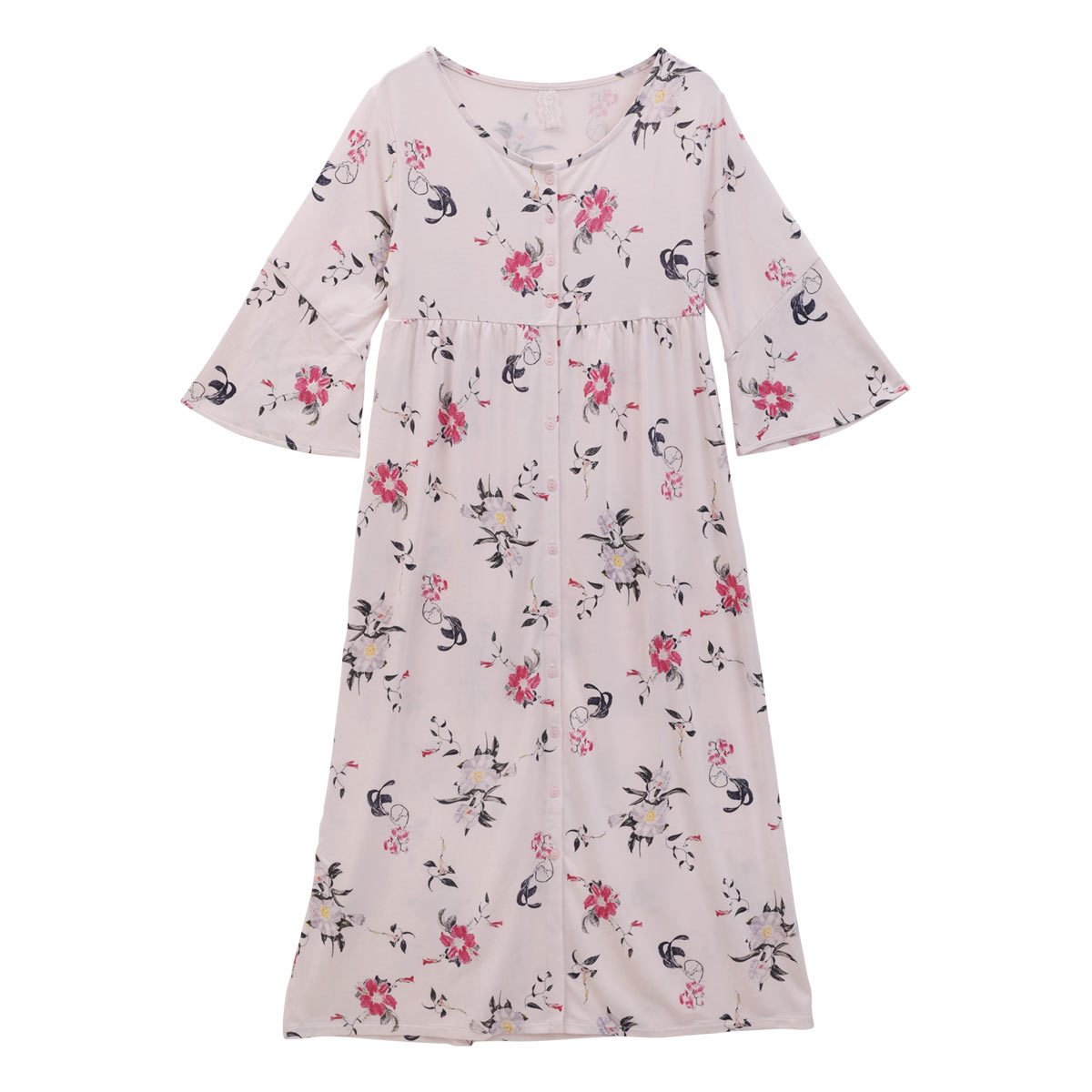 ブルーミングフローラ トロピカFloral 花柄 ルームウェア パジャマ 前開き マキシワンピース 七分袖 フレアスリーブ 春夏秋(PI-ピンク-M)