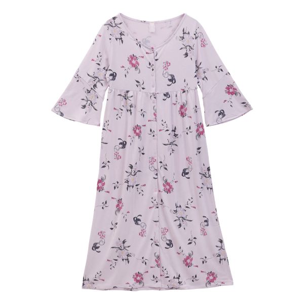 ブルーミングフローラ トロピカFloral 花柄 ルームウェア パジャマ 前開き マキシワンピース 七分袖 フレアスリーブ 春夏秋