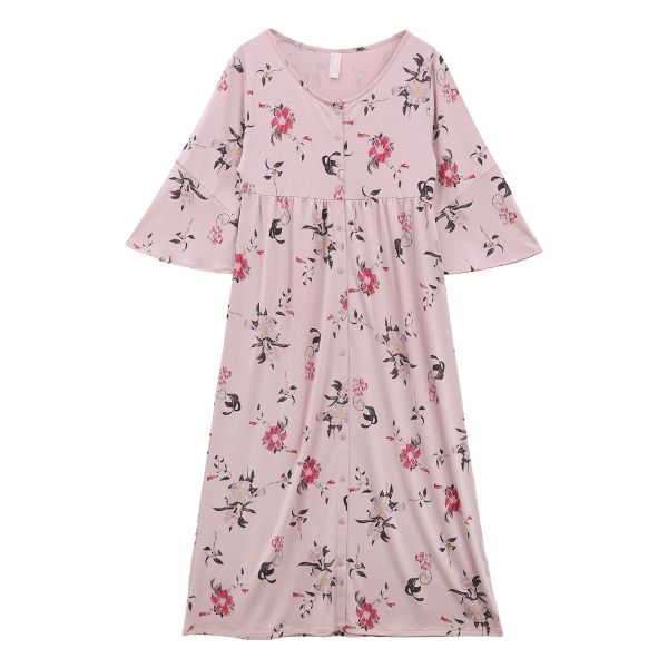 ブルーミングフローラ トロピカFloral 花柄 ルームウェア パジャマ 前開き マキシワンピース 七分袖 フレアスリーブ 春夏秋