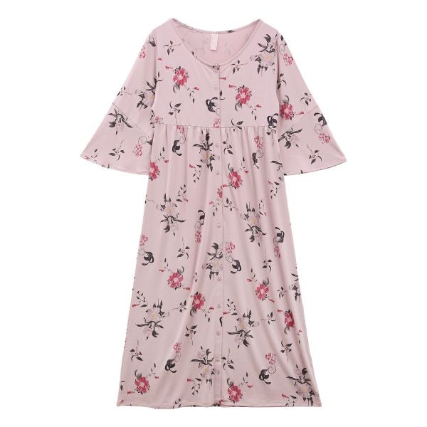 ブルーミングフローラ トロピカFloral 花柄 ルームウェア パジャマ 前開き マキシワンピース 七分袖 フレアスリーブ 春夏秋