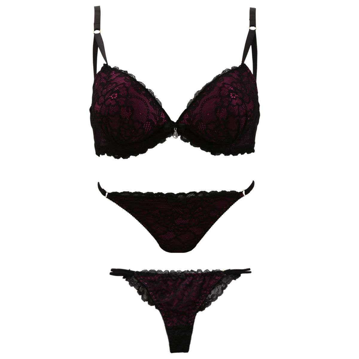 ハラークイン Harlequin ブラック レーシー 3/4カップ ブラジャー ショーツ セット 3点セット スタンダード Tバック バックレース(RE-レッド-B65)