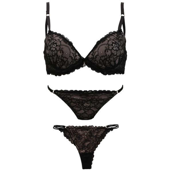 ハラークイン Harlequin ブラック レーシー 3/4カップ ブラジャー ショーツ セット 3点セット スタンダード Tバック バックレース