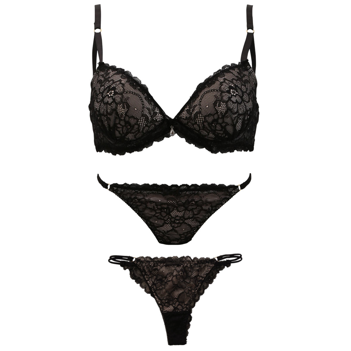 ハラークイン Harlequin ブラック レーシー 3/4カップ ブラジャー ショーツ セット 3点セット スタンダード Tバック バックレース(WH-ホワイト-B65)