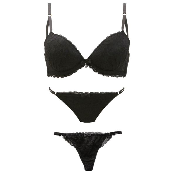 ハラークイン Harlequin ブラック レーシー 3/4カップ ブラジャー ショーツ セット 3点セット スタンダード Tバック バックレース