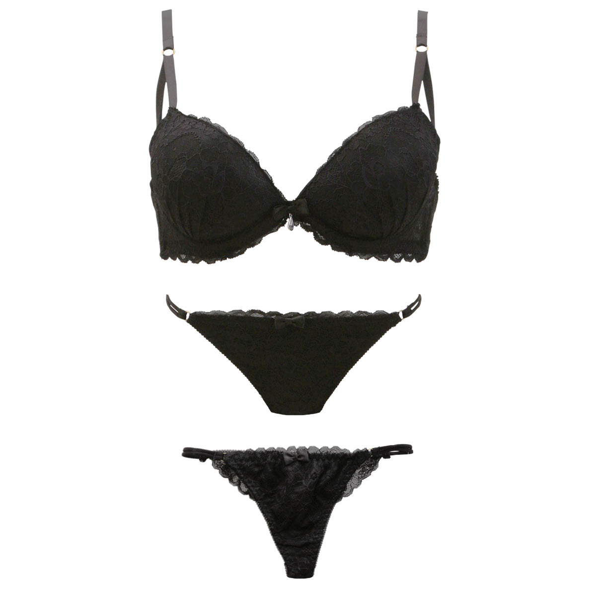 ハラークイン Harlequin ブラック レーシー 3/4カップ ブラジャー ショーツ セット 3点セット スタンダード Tバック バックレース(BK-ブラック-B65)