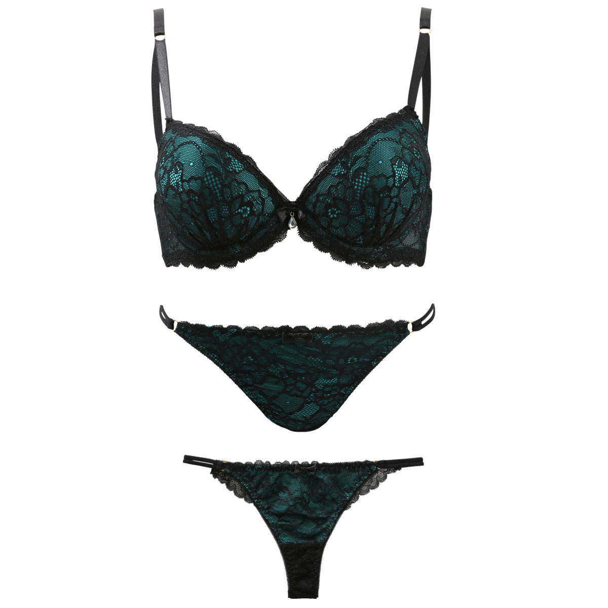 ハラークイン Harlequin ブラック レーシー 3/4カップ ブラジャー ショーツ セット 3点セット スタンダード Tバック バックレース(GR-グリーン-B65)