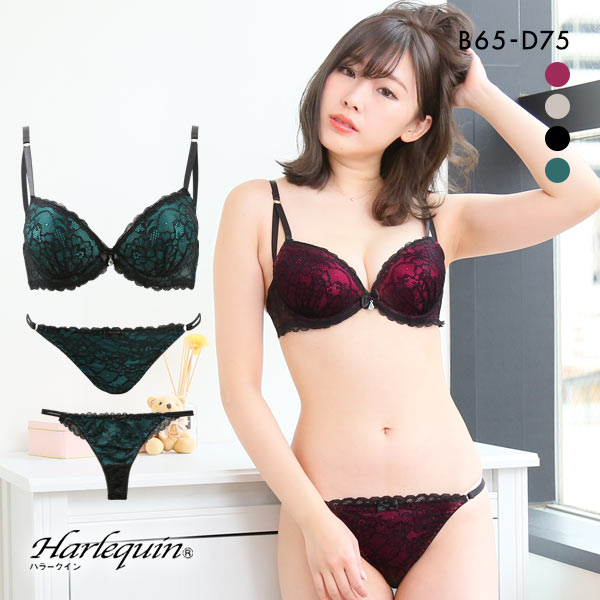 ハラークイン Harlequin ブラック レーシー 3/4カップ ブラジャー ショーツ セット 3点セット スタンダード Tバック バックレース
