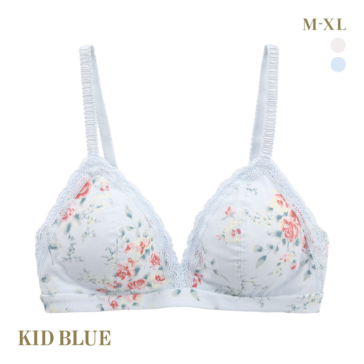 キッドブルー ジャスミンローズ ノンワイヤー ブラジャー ソフトブラジャー 三角ブラ ブラレット 大きいサイズ KID BLUE(SX-サックス-M)