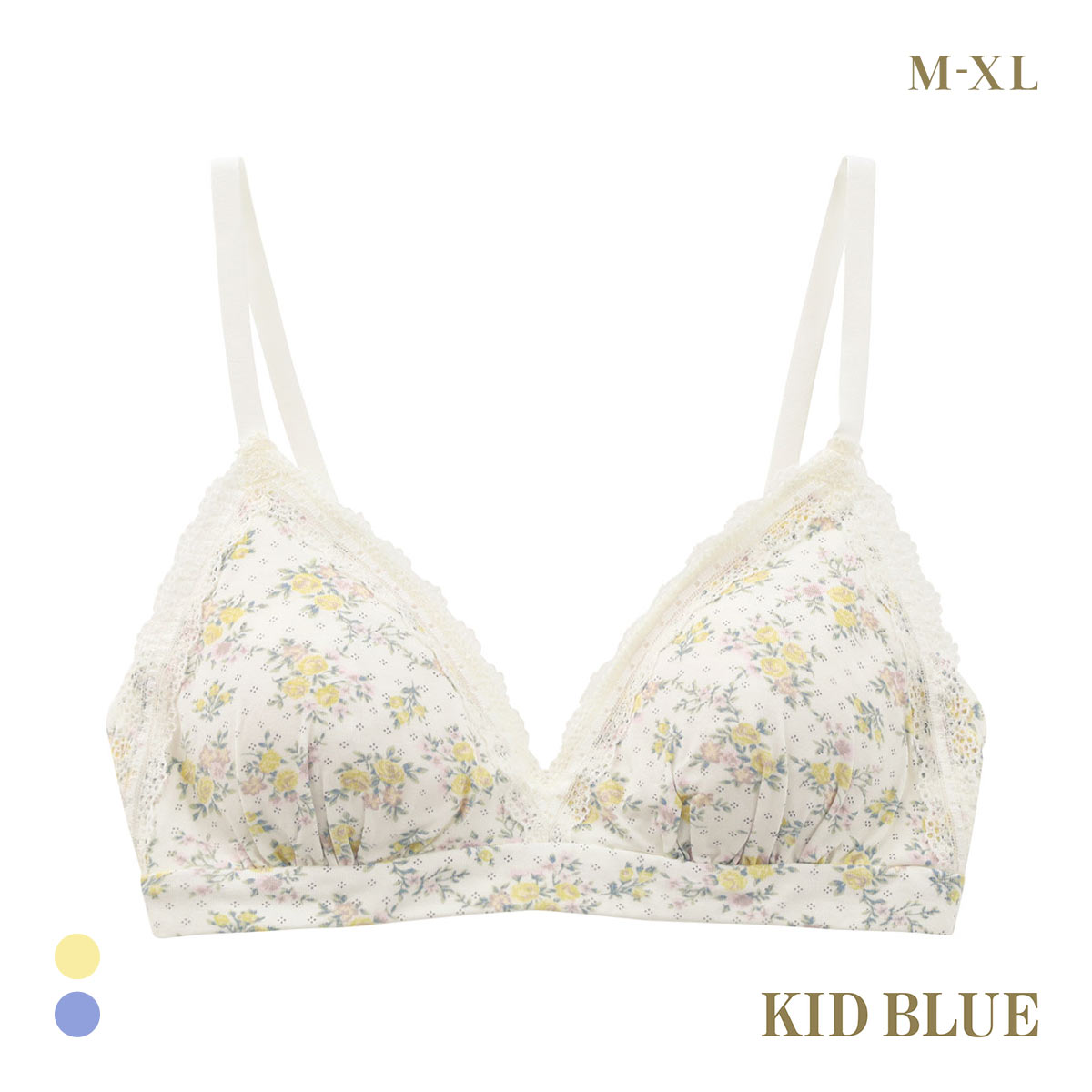 キッドブルー ピンドットフラワー ノンワイヤー ブラジャー ソフトブラジャー 三角ブラ ブラレット 大きいサイズ KID BLUE(YE-イエロー-M)