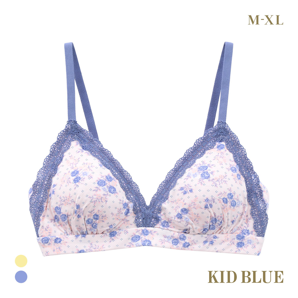 キッドブルー ピンドットフラワー ノンワイヤー ブラジャー ソフトブラジャー 三角ブラ ブラレット 大きいサイズ KID BLUE(BU-ブルー-M)
