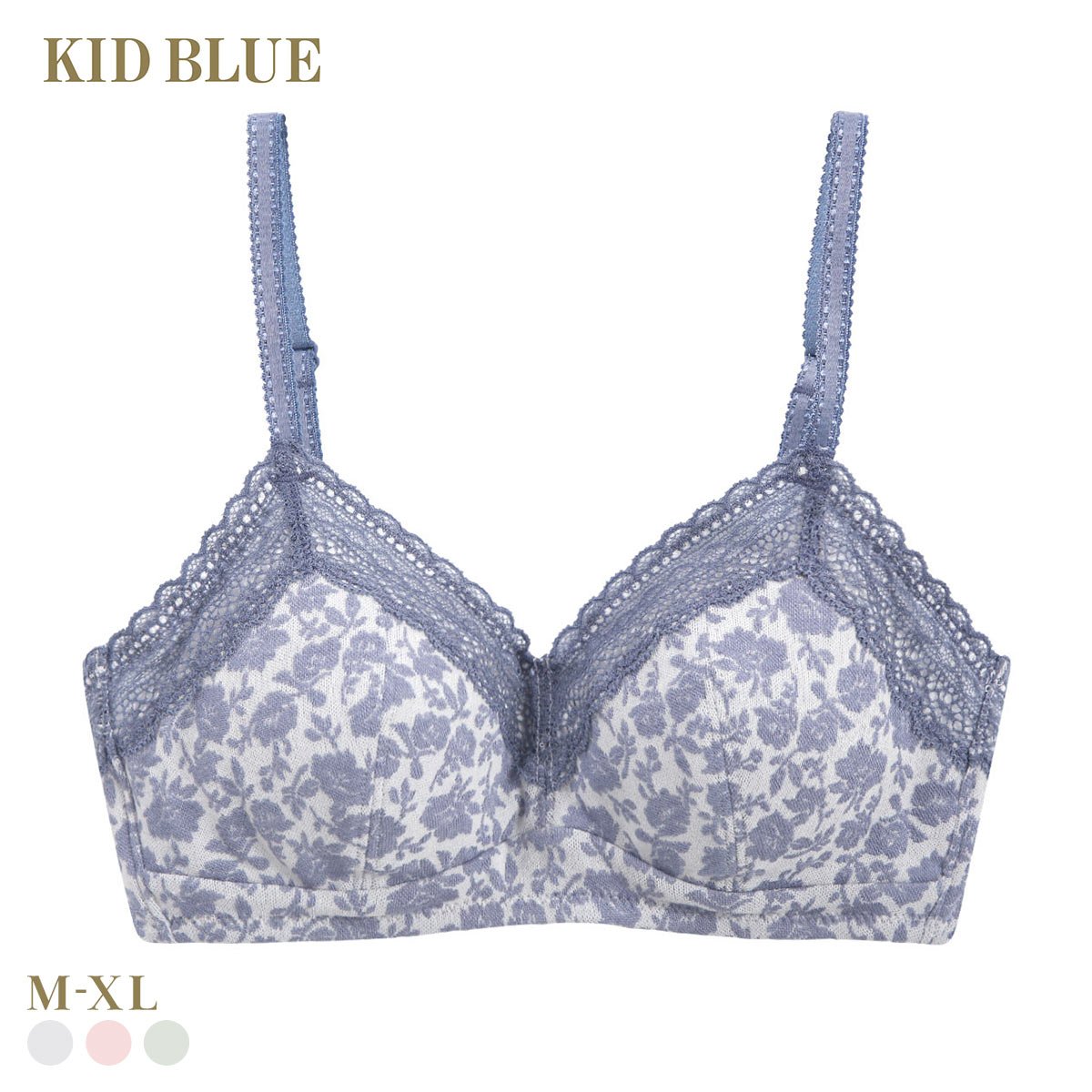 キッドブルー 25フラワーJQ ノンワイヤー ブラジャー ソフトブラジャー 三角ブラ ブラレット 大きいサイズ KID BLUE(IV-アイボリー-M)