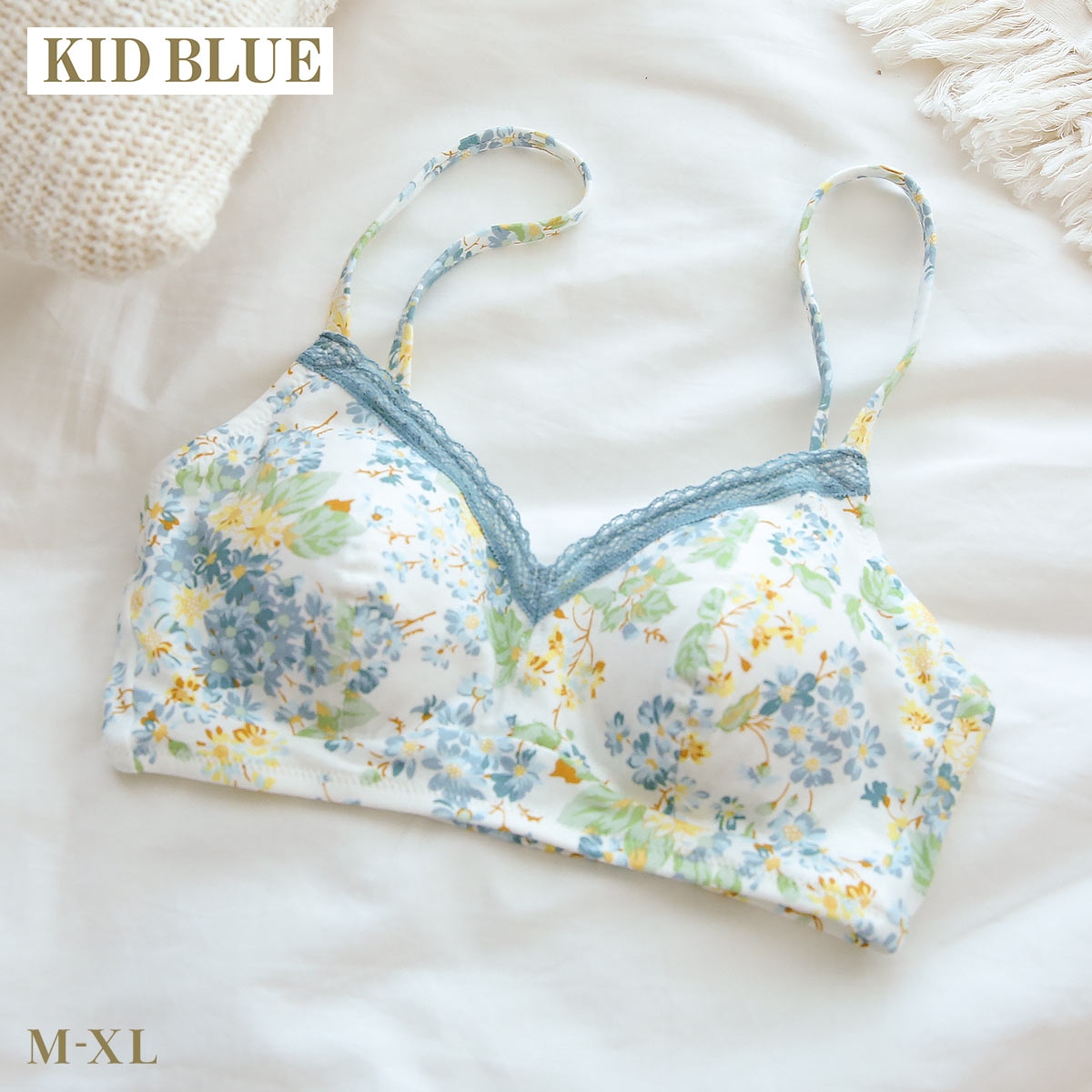 キッドブルー 26フローラルガーデン ノンワイヤー ブラジャー ソフトブラジャー 三角ブラ ブラレット かぶりタイプ KID BLUE(GR-グリーン-M)