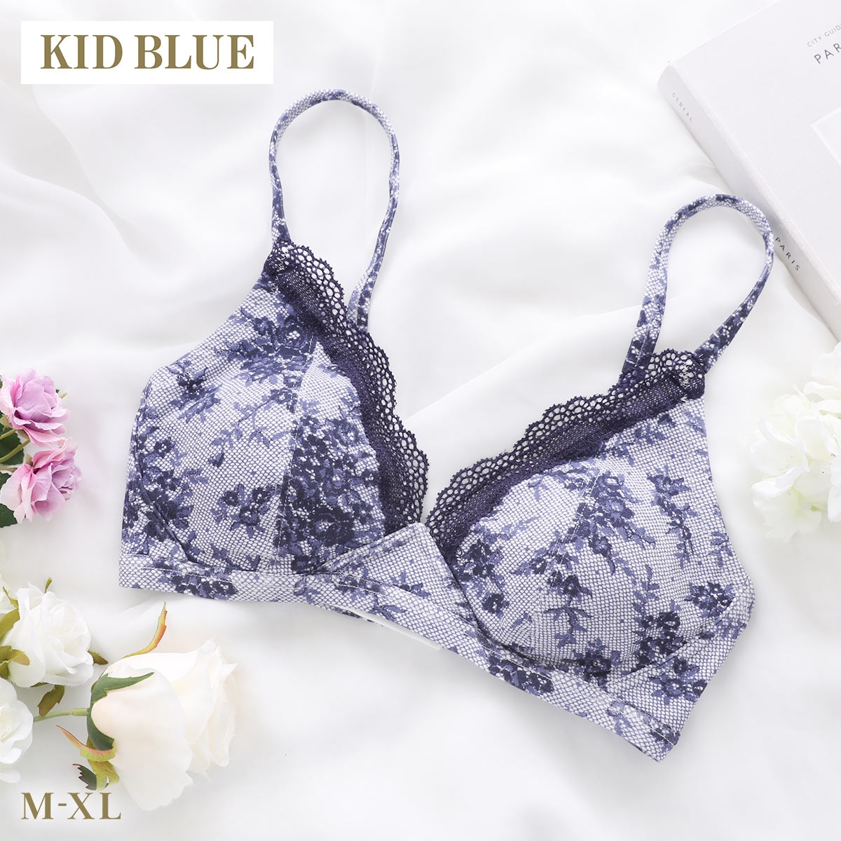 キッドブルー 26ローズレースＰＴ ノンワイヤー ブラジャー ソフトブラジャー 三角ブラ ブラレット 大きいサイズ 下着 KID BLUE(NV-ネイビー-M)