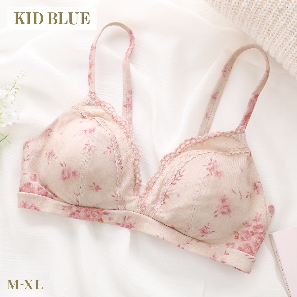 キッドブルー AWブラッサムPT ノンワイヤー ブラジャー ソフトブラジャー 三角ブラ ブラレット 大きいサイズ フック付 レディース 下着 KID BLUE(RE-レッド-M)