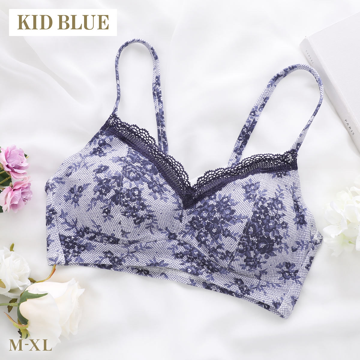キッドブルー 26ローズレースPT ノンワイヤー ブラジャー ソフトブラジャー かぶりタイプ 大きいサイズ 下着 KID BLUE(NV-ネイビー-M)