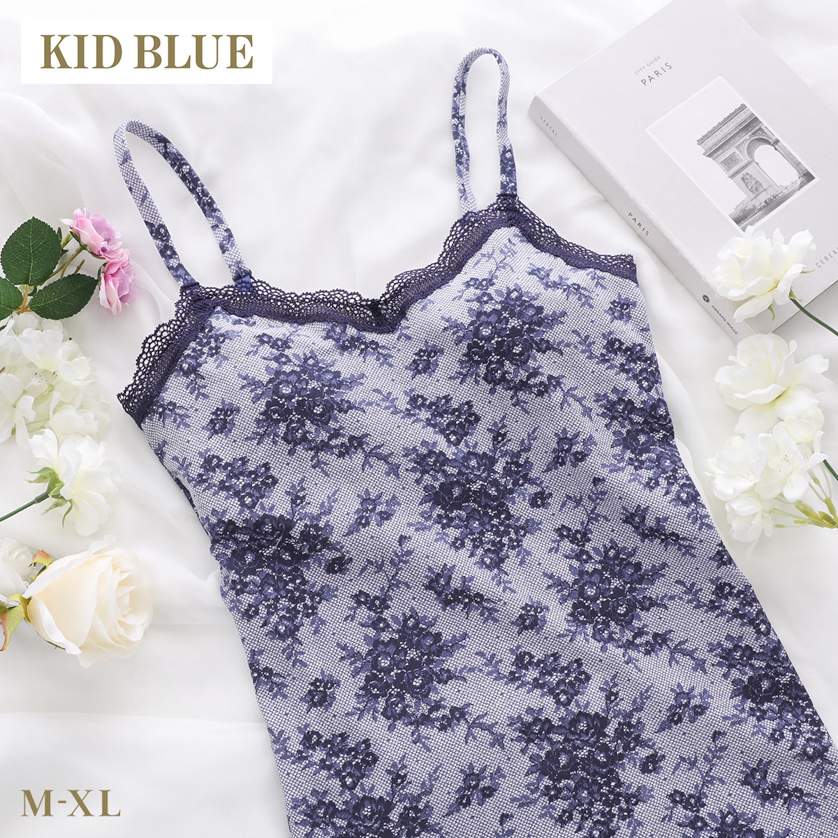 キッドブルー 26ローズレースPT カップ付き キャミソール インナー レディース 大きいサイズ 下着 KID BLUE(NV-ネイビー-M)