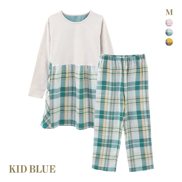 キッドブルー 24トリプルガーゼチェック 長袖 ネグリジェ パンツ 上下セット ナイティ ルームウェア レディース KID BLUE