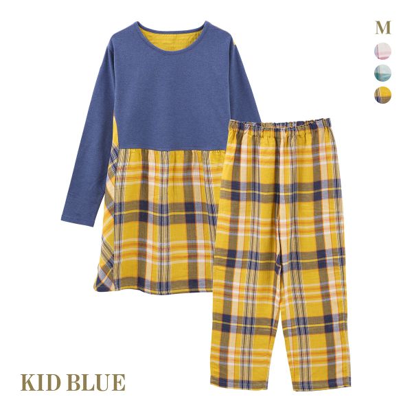 キッドブルー 24トリプルガーゼチェック 長袖 ネグリジェ パンツ 上下セット ナイティ ルームウェア レディース KID BLUE