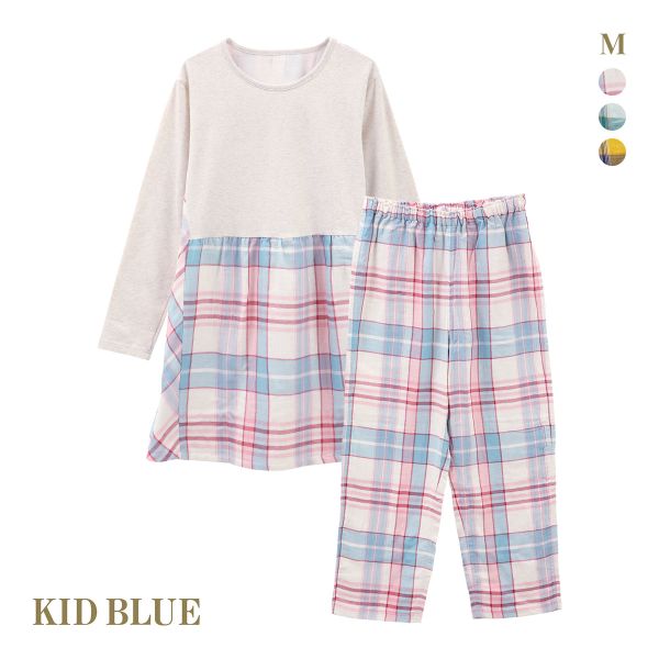 キッドブルー 24トリプルガーゼチェック 長袖 ネグリジェ パンツ 上下セット ナイティ ルームウェア レディース KID BLUE キッドブルー 24トリプルガーゼチェック 長袖 ネグリジェ パンツ 上下セット ナイティ ルームウェア レディース KID BLUE