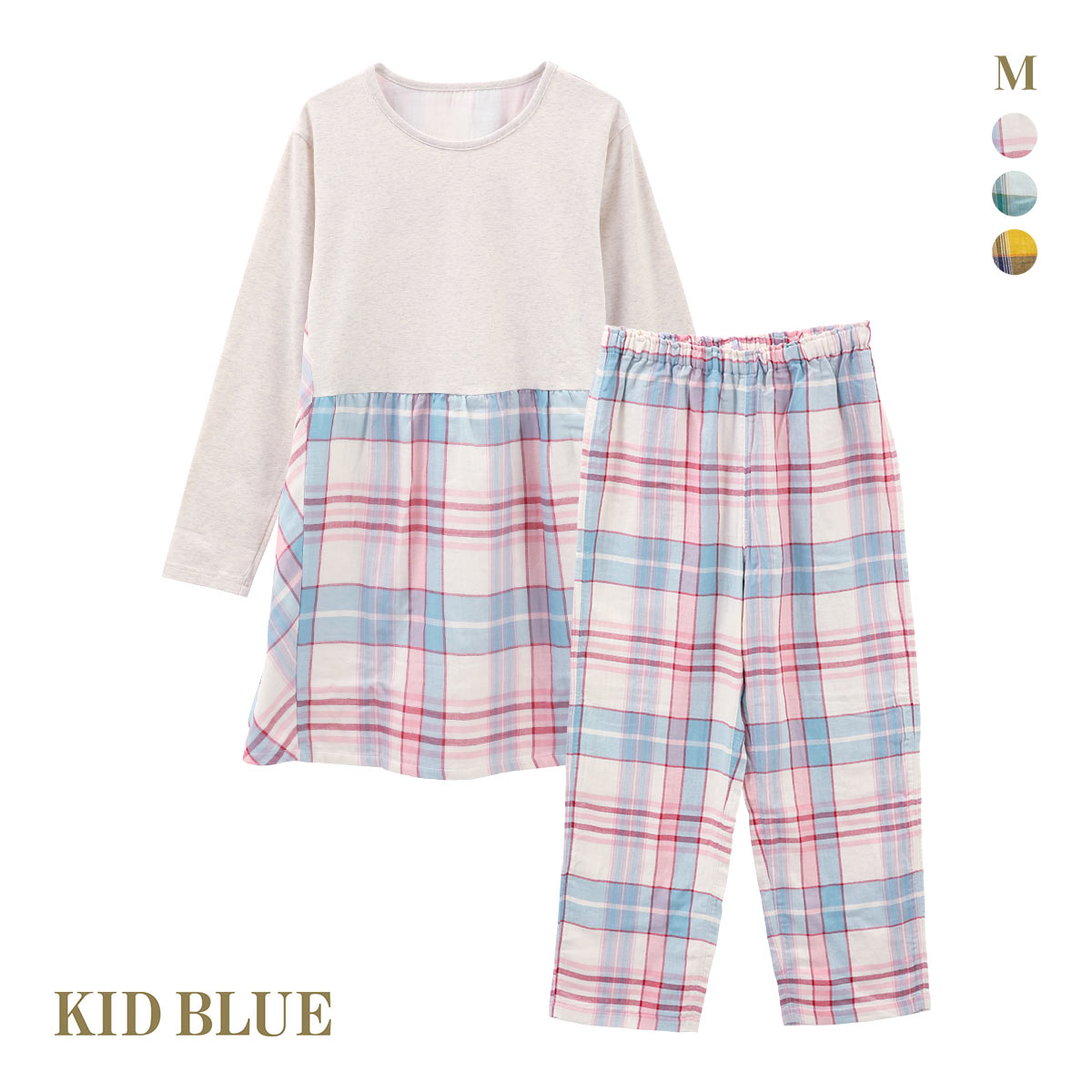 キッドブルー 24トリプルガーゼチェック 長袖 ネグリジェ パンツ 上下セット ナイティ ルームウェア レディース KID BLUE