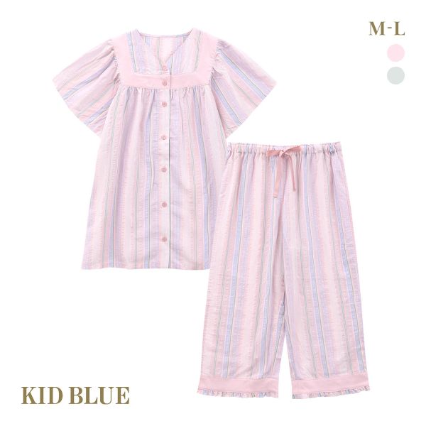 キッドブルー 25CRサッカーストライプ 半袖 ルームウェア ロングパンツ 上下セット パジャマ KID BLUE キッドブルー 25CRサッカーストライプ 半袖 ルームウェア ロングパンツ 上下セット パジャマ KID BLUE