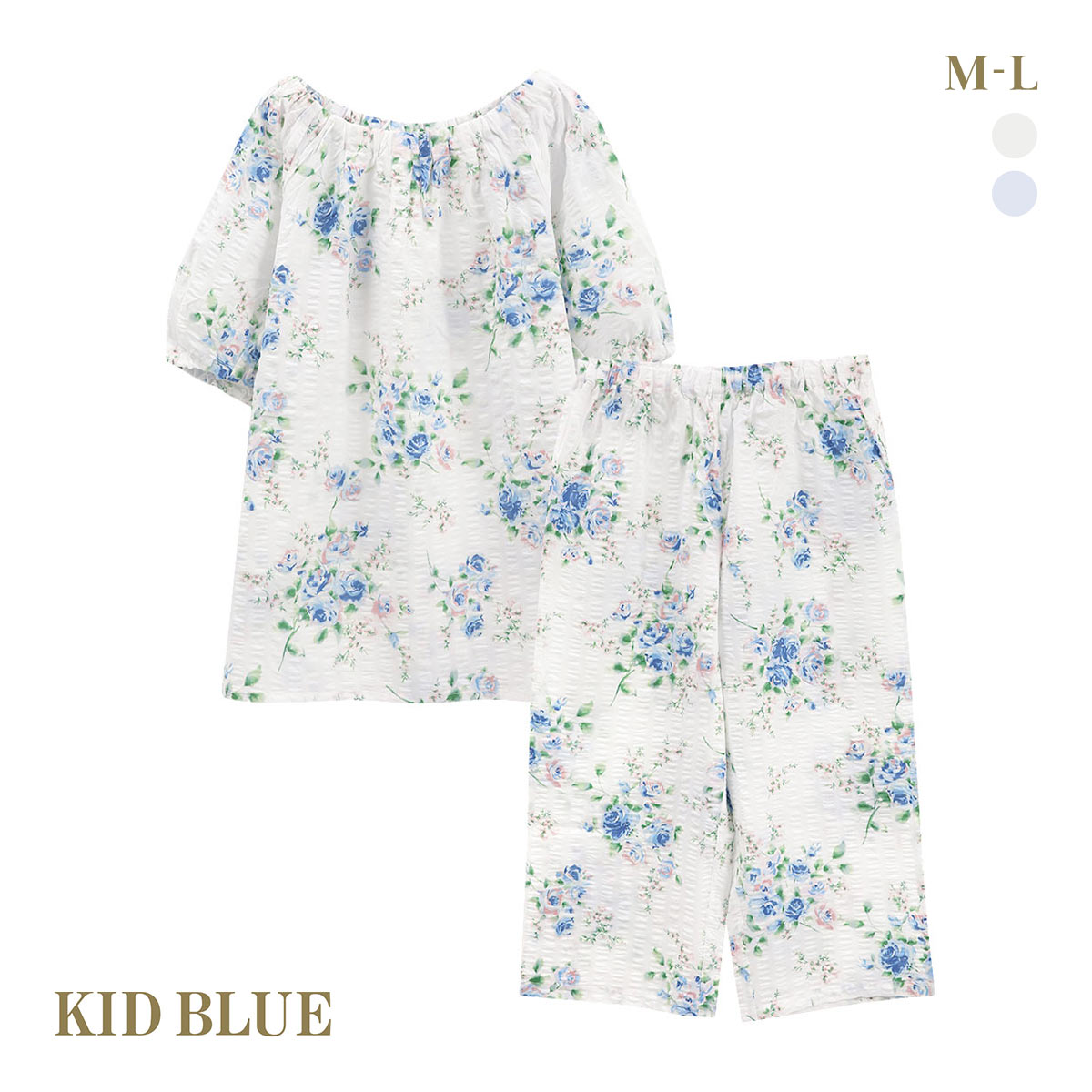 キッドブルー ジャスミンローズN 半袖 ルームウェア 8分丈 上下セット パジャマ KID BLUE(OW-オフホワイト-M)