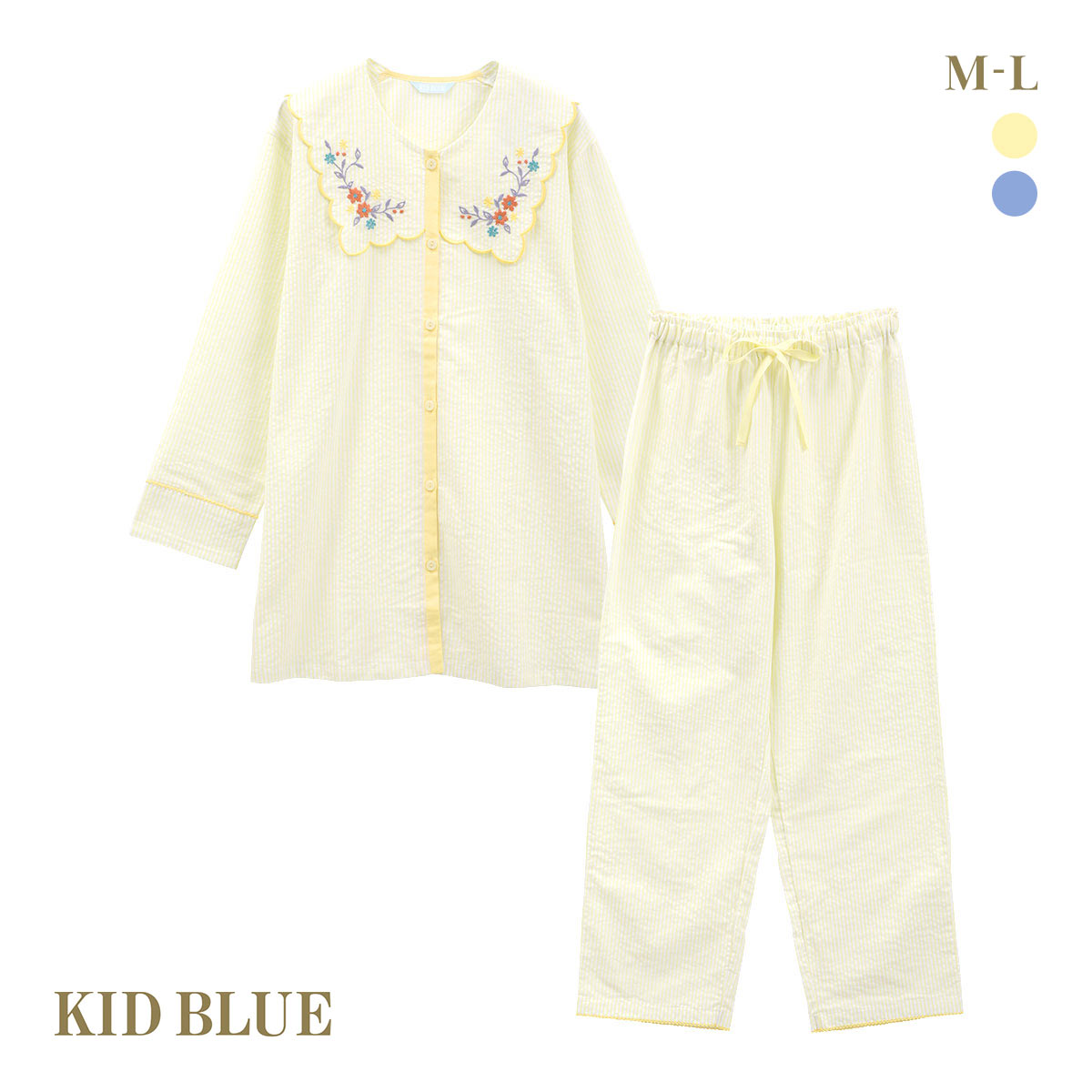 キッドブルー 25ストライプエンブ ルームウェア 長袖 ロングパンツ 上下セット パジャマ KID BLUE(YE-イエロー-M)