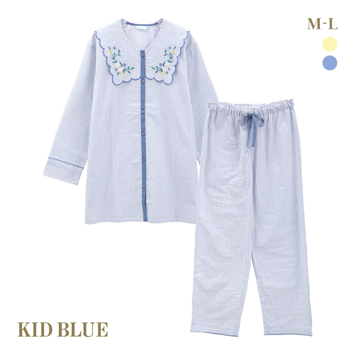 キッドブルー 25ストライプエンブ ルームウェア 長袖 ロングパンツ 上下セット パジャマ KID BLUE(BU-ブルー-M)
