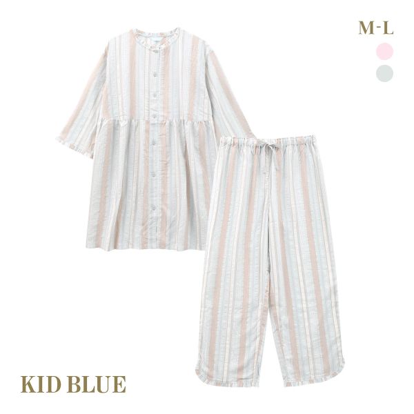 キッドブルー 25CRサッカーストライプ ルームウェア 8分袖 ロングパンツ 上下セット パジャマ KID BLUE
