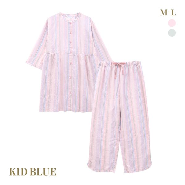 キッドブルー 25CRサッカーストライプ ルームウェア 8分袖 ロングパンツ 上下セット パジャマ KID BLUE キッドブルー 25CRサッカーストライプ ルームウェア 8分袖 ロングパンツ 上下セット パジャマ KID BLUE