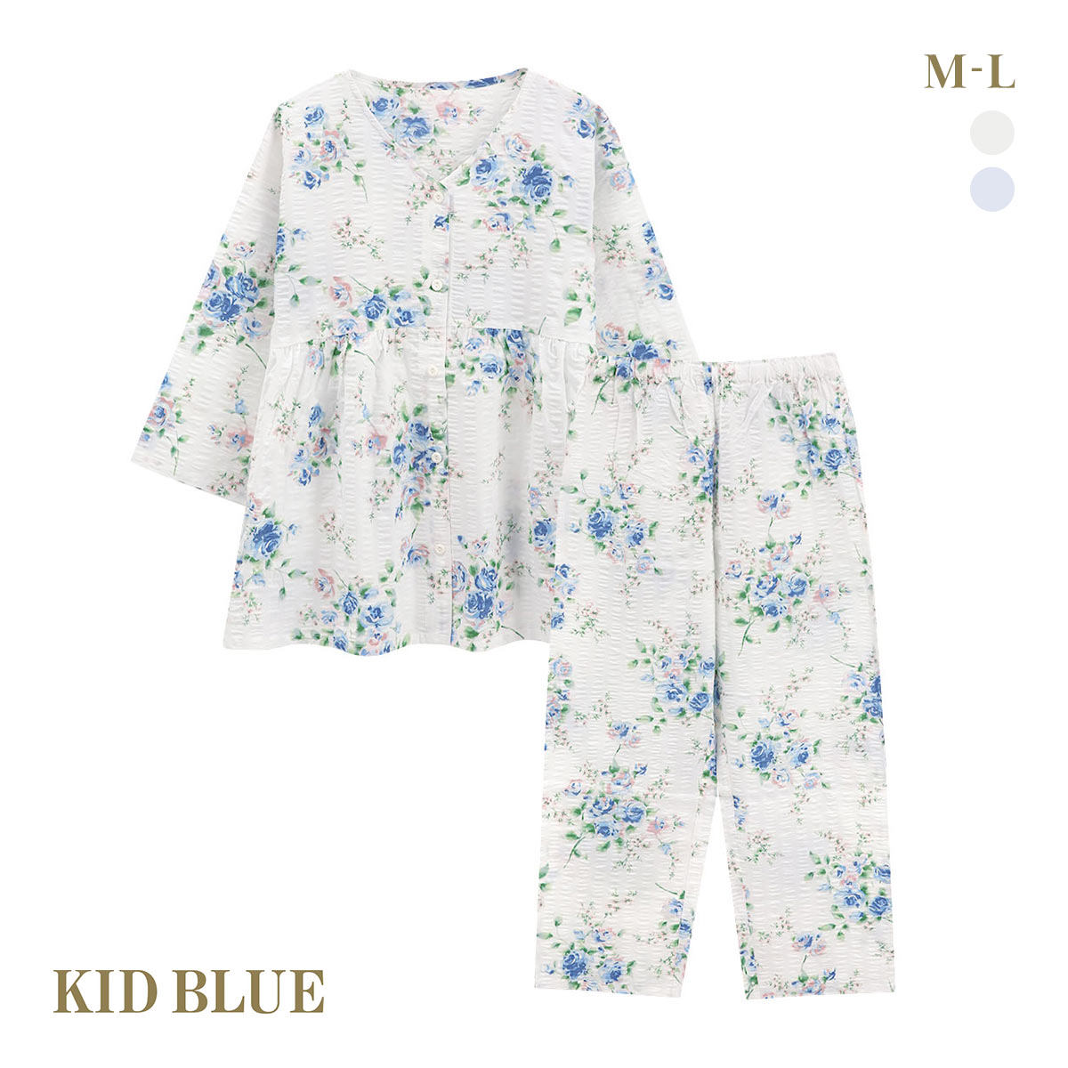 キッドブルー ジャスミンローズN 7分丈袖 ルームウェア ロングパンツ 上下セット パジャマ KID BLUE(OW-オフホワイト-M)