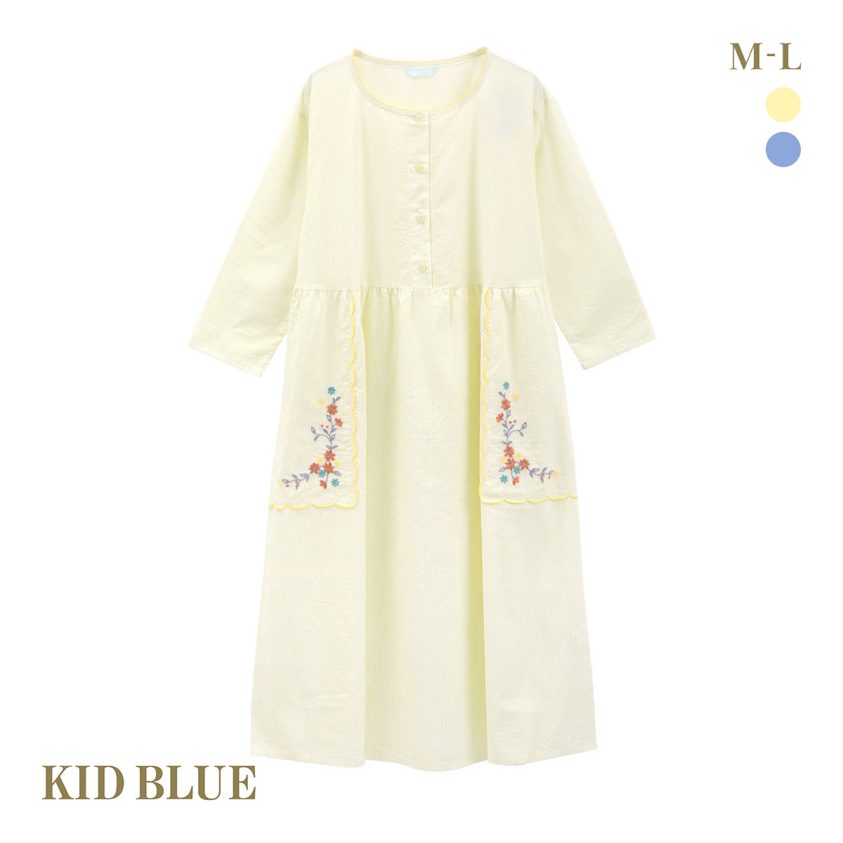 キッドブルー 25ストライプエンブ ワンピース ルームウェア パジャマ 長袖 KID BLUE(YE-イエロー-M)