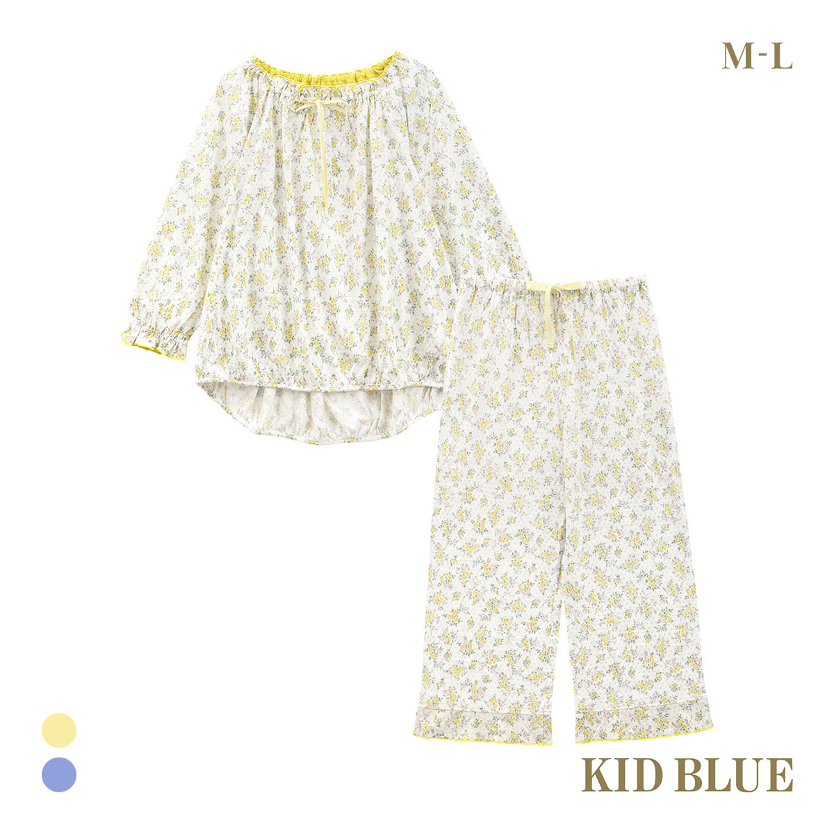 キッドブルー ピンドットフラワーN ルームウェア 8分袖 8分丈 上下セット パジャマ KID BLUE(YE-イエロー-M)